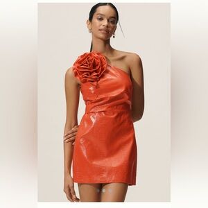 Anthropologie NWT M striking red leatherete rosette dress one shoulder side zip